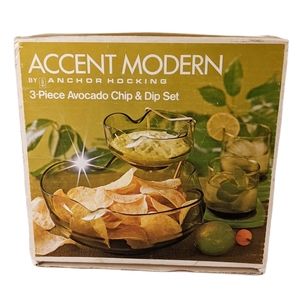 Vintage Anchor Hocking Olive Green Glass Chip & Dip Scalloped Set Retro …